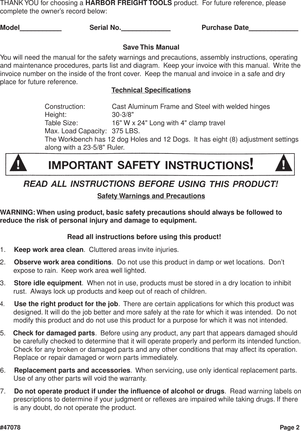 Page 2 of 7 - Harbor-Freight Harbor-Freight-47078-Users-Manual- 47078 Workbench Manual  Harbor-freight-47078-users-manual