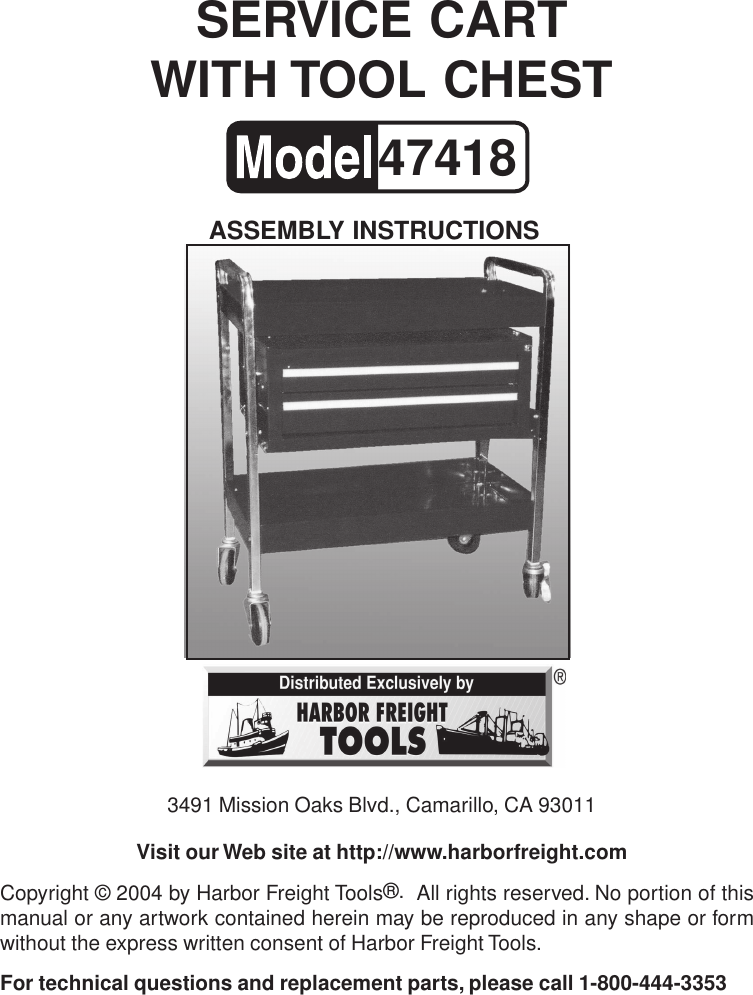 Page 1 of 5 - Harbor-Freight Harbor-Freight-47418-Users-Manual- 47418 Service Cart Manual Harbor-freight-47418-users-manual