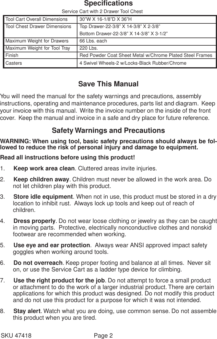 Page 2 of 5 - Harbor-Freight Harbor-Freight-47418-Users-Manual- 47418 Service Cart Manual Harbor-freight-47418-users-manual