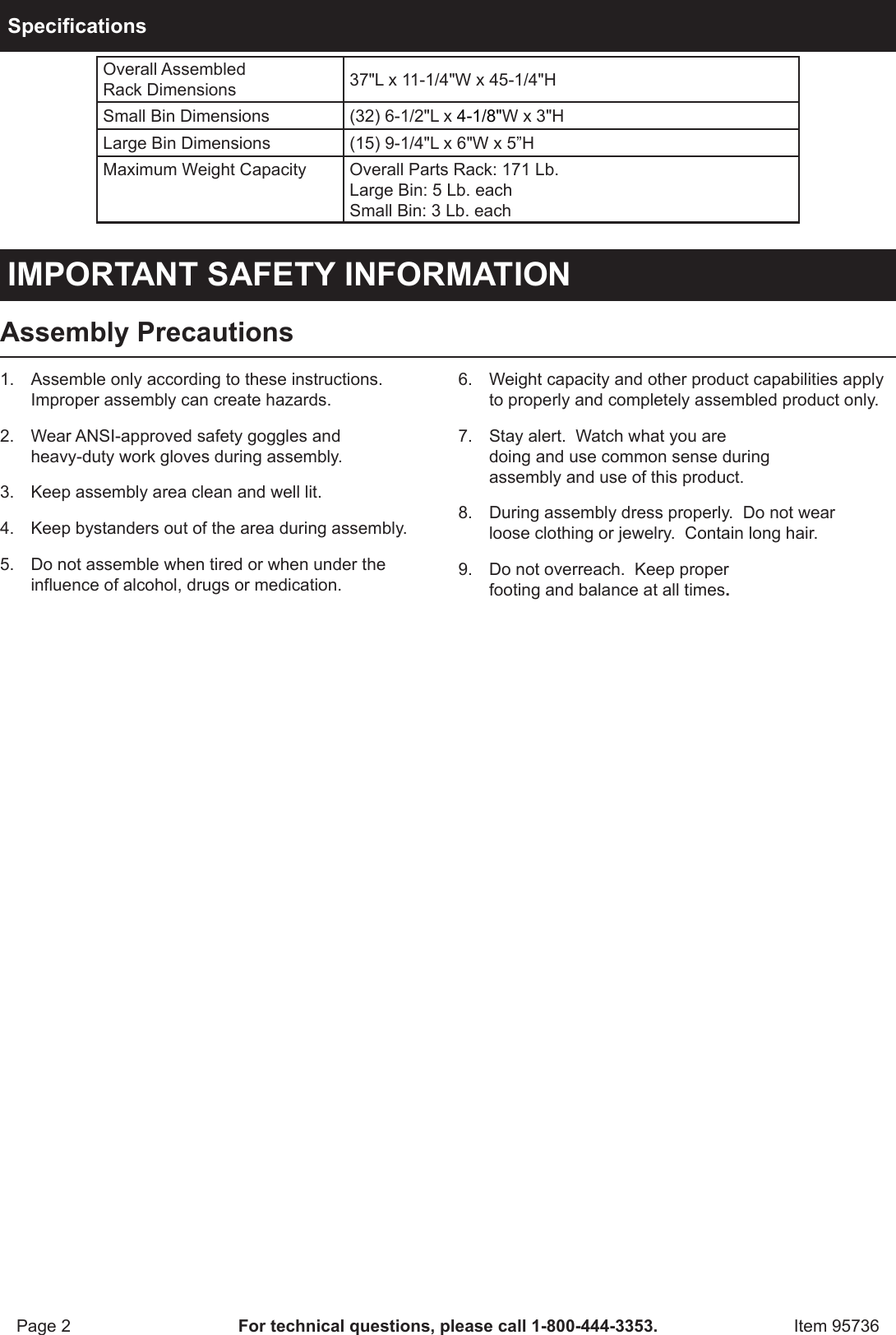 Page 2 of 8 - Harbor-Freight Harbor-Freight-47-Bin-Floor-Mount-Parts-Rack-Product-Manual-  Harbor-freight-47-bin-floor-mount-parts-rack-product-manual