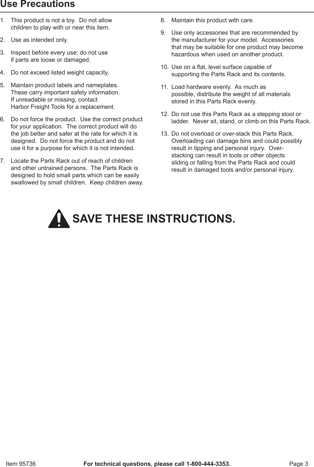 Page 3 of 8 - Harbor-Freight Harbor-Freight-47-Bin-Floor-Mount-Parts-Rack-Product-Manual-  Harbor-freight-47-bin-floor-mount-parts-rack-product-manual