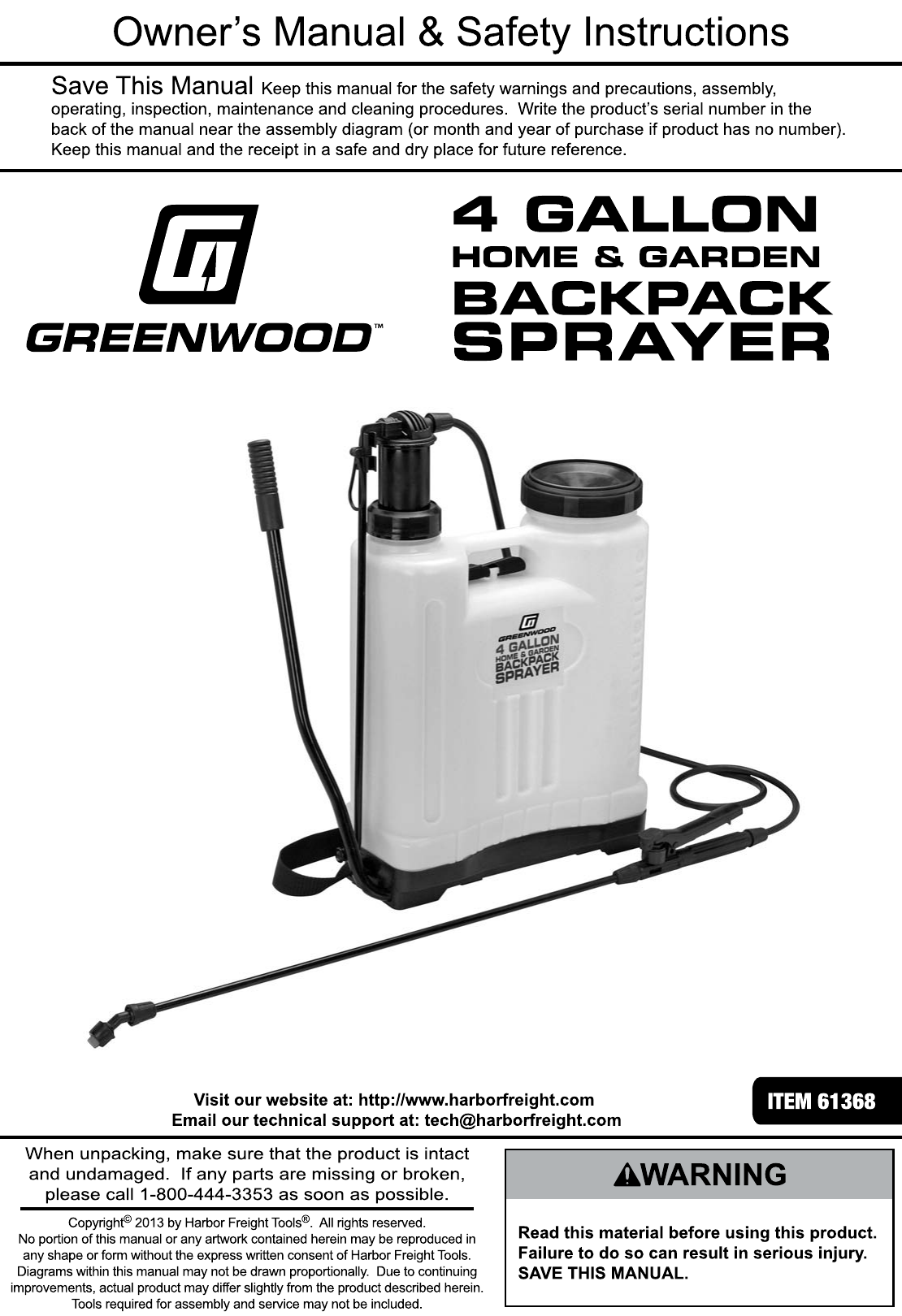 Page 1 of 12 - Harbor-Freight Harbor-Freight-4-Gal-Backpack-Sprayer-Product-Manual-  Harbor-freight-4-gal-backpack-sprayer-product-manual
