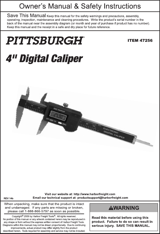 Page 1 of 4 - Harbor-Freight Harbor-Freight-4-In-Digital-Caliper-Product-Manual-  Harbor-freight-4-in-digital-caliper-product-manual