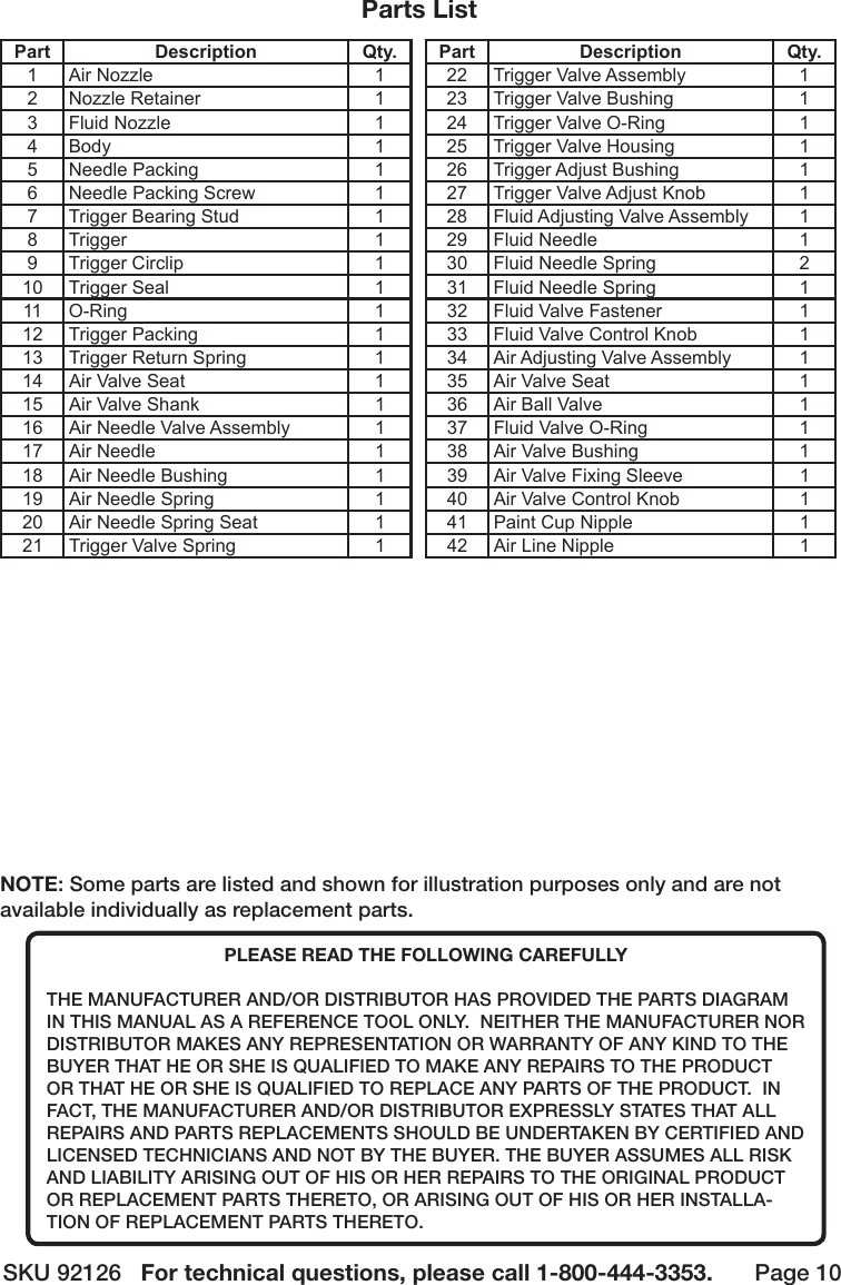 Page 10 of 12 - Harbor-Freight Harbor-Freight-4-Oz-Adjustable-Detail-Air-Spray-Gun-Product-Manual-  Harbor-freight-4-oz-adjustable-detail-air-spray-gun-product-manual