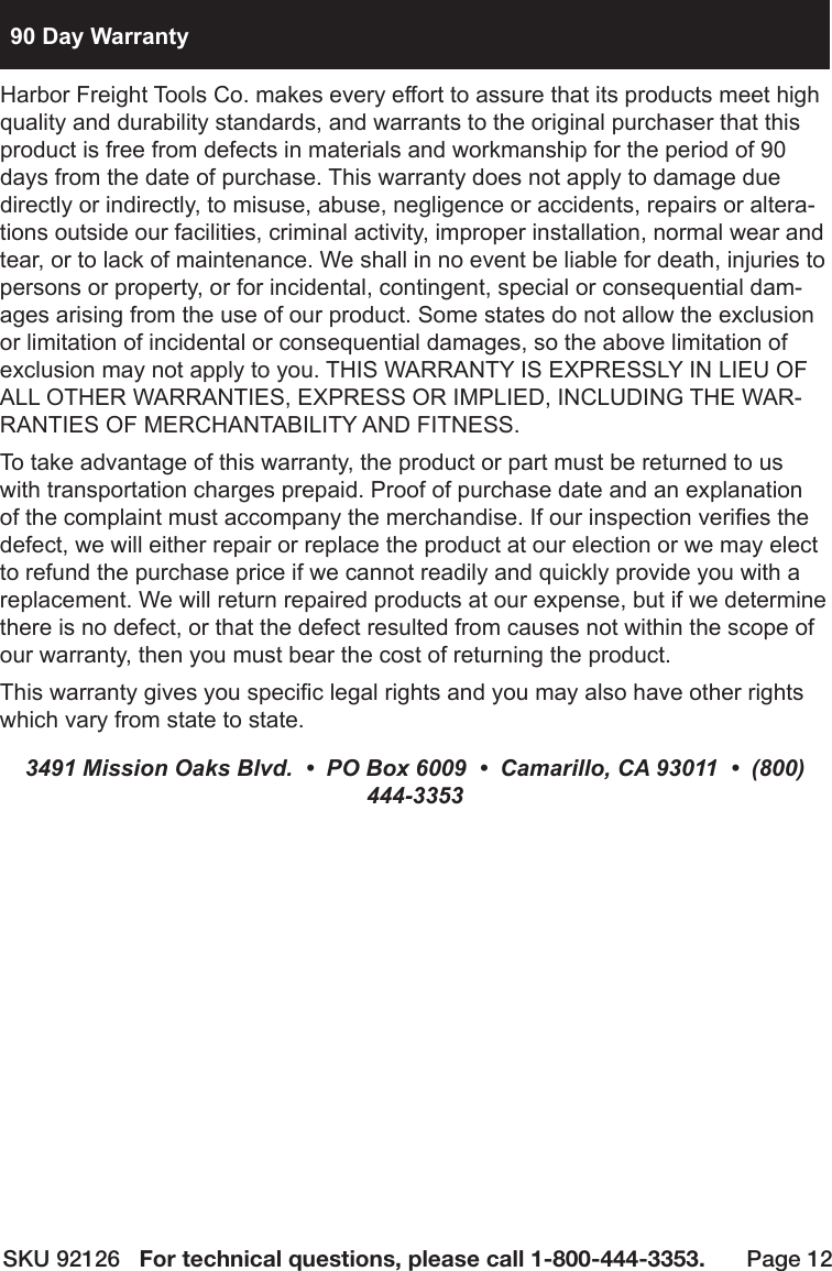 Page 12 of 12 - Harbor-Freight Harbor-Freight-4-Oz-Adjustable-Detail-Air-Spray-Gun-Product-Manual-  Harbor-freight-4-oz-adjustable-detail-air-spray-gun-product-manual