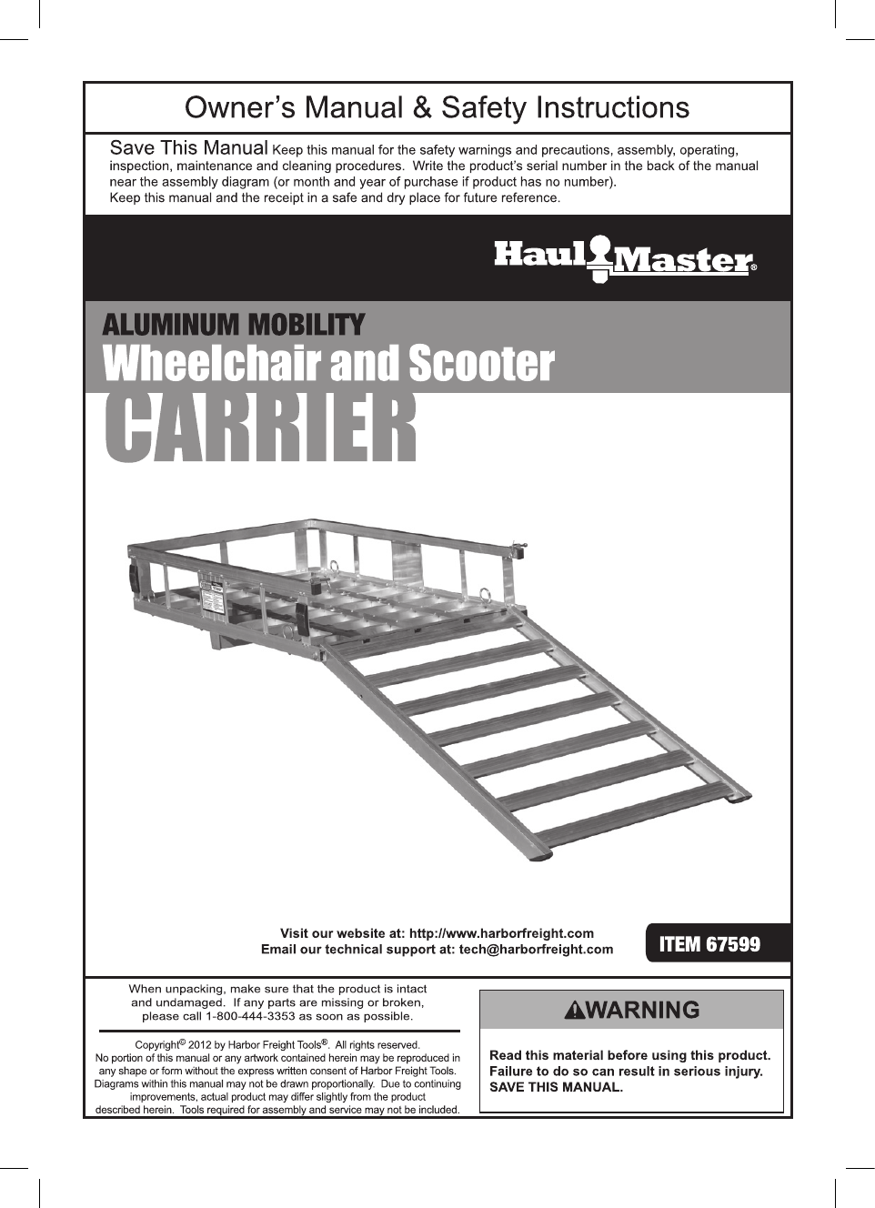 Page 1 of 12 - Harbor-Freight Harbor-Freight-500-Lb-Capacity-Aluminum-Mobility-Wheelchair-And-Scooter-Carrier-Product-Manual-  Harbor-freight-500-lb-capacity-aluminum-mobility-wheelchair-and-scooter-carrier-product-manual
