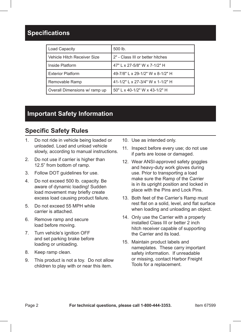 Page 2 of 12 - Harbor-Freight Harbor-Freight-500-Lb-Capacity-Aluminum-Mobility-Wheelchair-And-Scooter-Carrier-Product-Manual-  Harbor-freight-500-lb-capacity-aluminum-mobility-wheelchair-and-scooter-carrier-product-manual