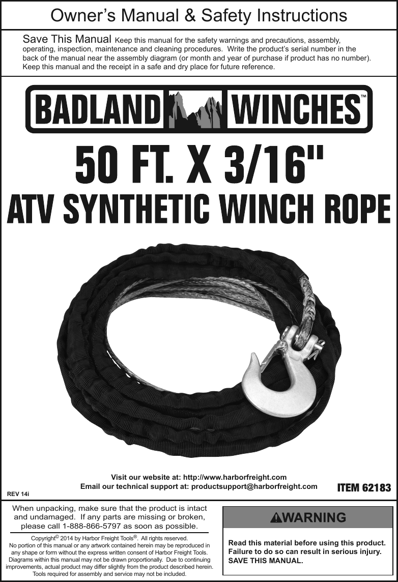 Page 1 of 4 - Harbor-Freight Harbor-Freight-50-Ft-X-3-16-In-Atv-Synthetic-Winch-Rope-Product-Manual- Harbor-freight-50-ft-x-3-16-in-atv-synthetic-winch-rope-product-manual