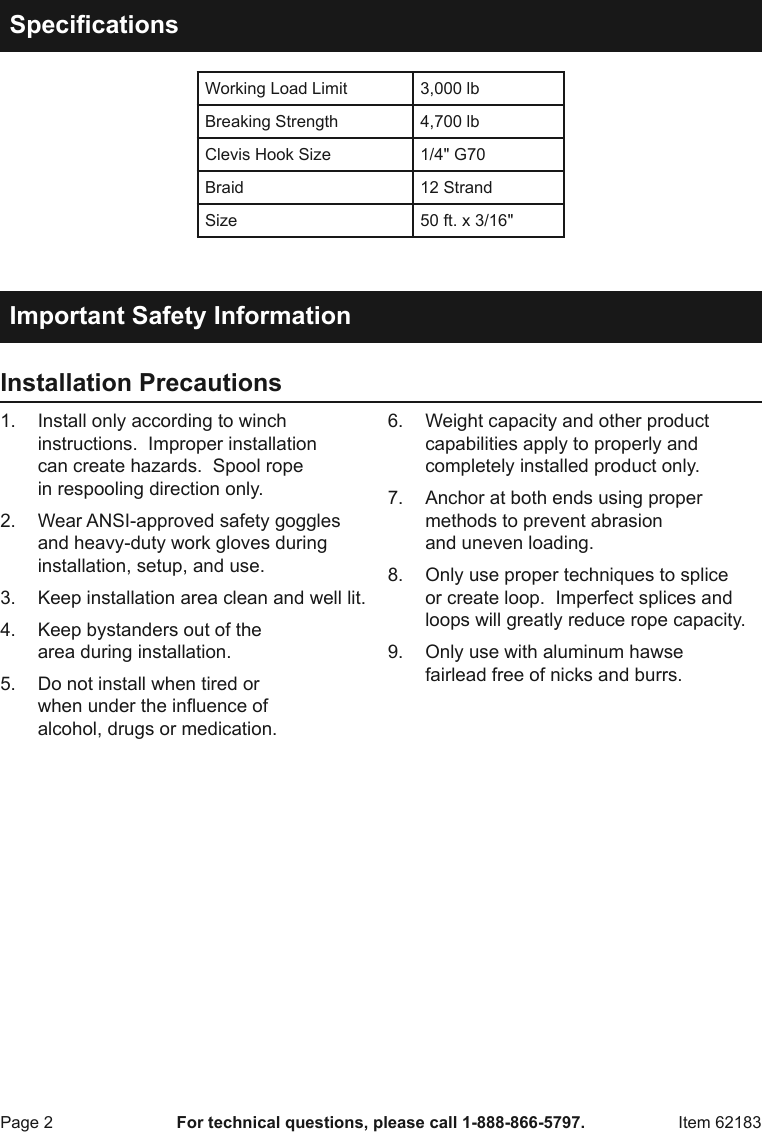 Page 2 of 4 - Harbor-Freight Harbor-Freight-50-Ft-X-3-16-In-Atv-Synthetic-Winch-Rope-Product-Manual- Harbor-freight-50-ft-x-3-16-in-atv-synthetic-winch-rope-product-manual