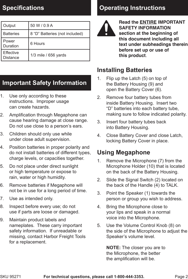 Page 2 of 4 - Harbor-Freight Harbor-Freight-50-Watt-Megaphone-With-Safety-Siren-Product-Manual-  Harbor-freight-50-watt-megaphone-with-safety-siren-product-manual