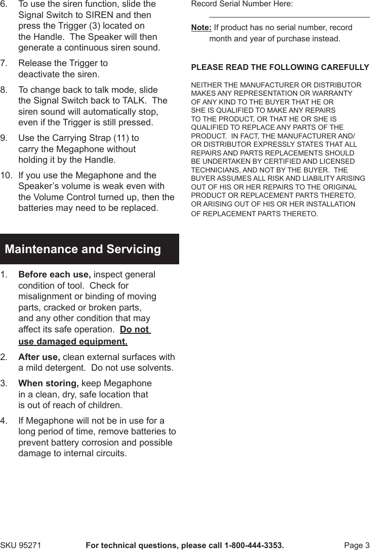Page 3 of 4 - Harbor-Freight Harbor-Freight-50-Watt-Megaphone-With-Safety-Siren-Product-Manual-  Harbor-freight-50-watt-megaphone-with-safety-siren-product-manual