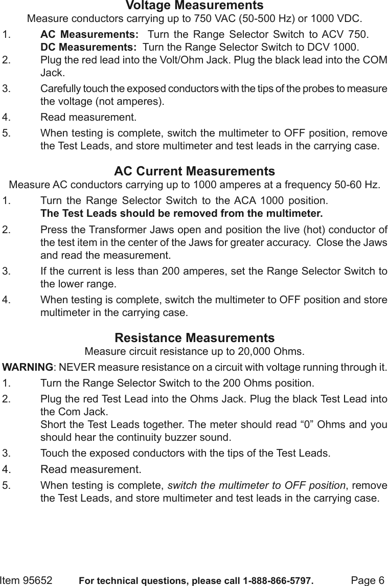 Page 6 of 8 - Harbor-Freight Harbor-Freight-5-Function-Clamp-On-Digital-Multimeter-Product-Manual-  Harbor-freight-5-function-clamp-on-digital-multimeter-product-manual