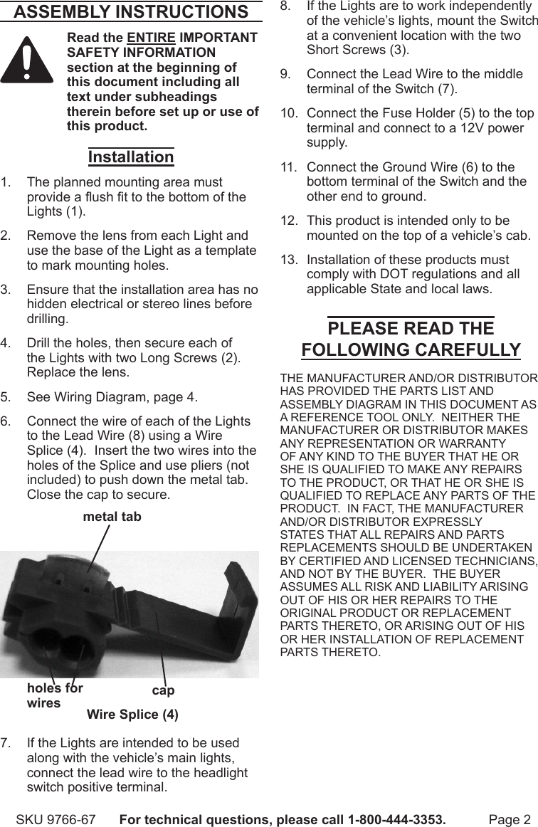 Harbor Freight 5 Pc Amber Teardrop Cab Light Kit Product Manual