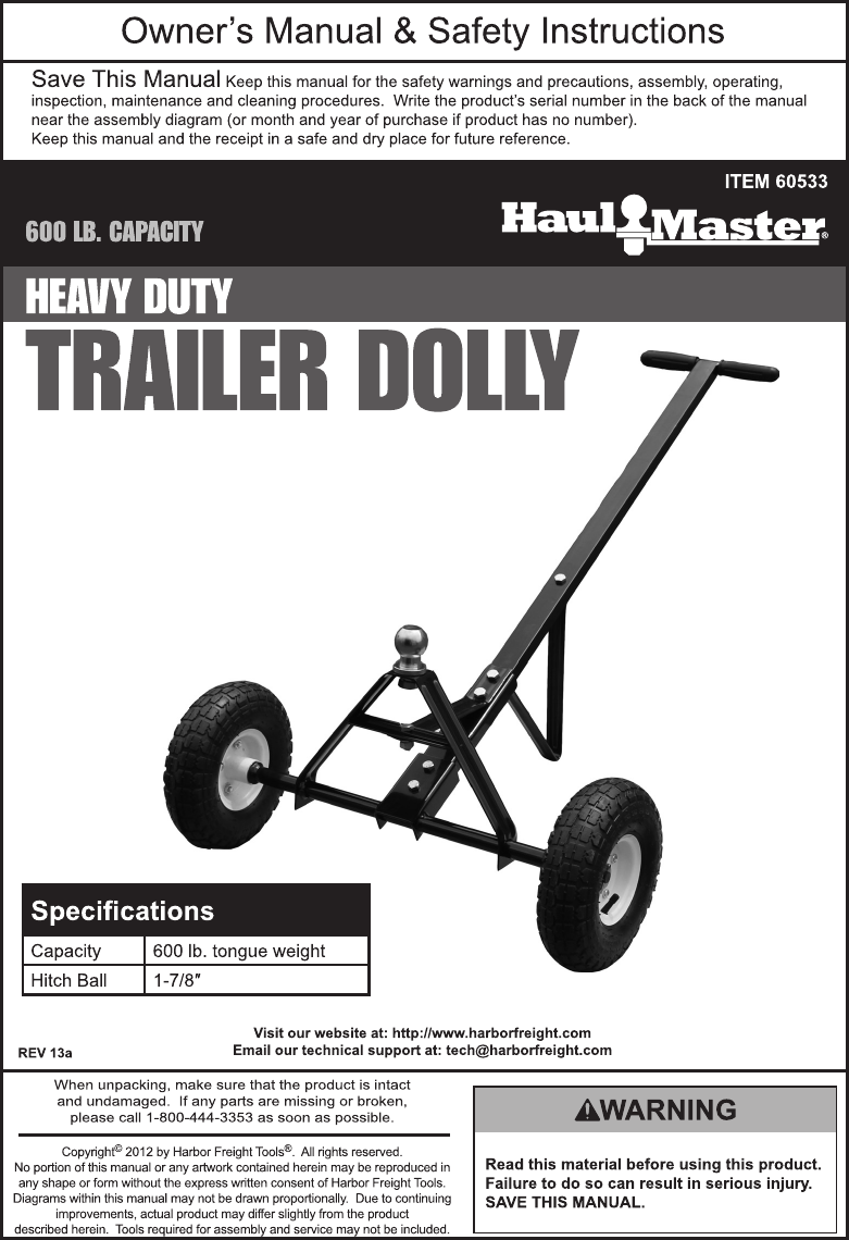 Page 1 of 4 - Harbor-Freight Harbor-Freight-600-Lb-Heavy-Duty-Trailer-Dolly-Product-Manual-  Harbor-freight-600-lb-heavy-duty-trailer-dolly-product-manual