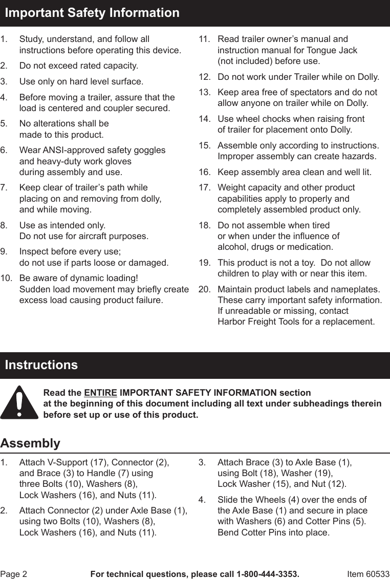 Page 2 of 4 - Harbor-Freight Harbor-Freight-600-Lb-Heavy-Duty-Trailer-Dolly-Product-Manual-  Harbor-freight-600-lb-heavy-duty-trailer-dolly-product-manual