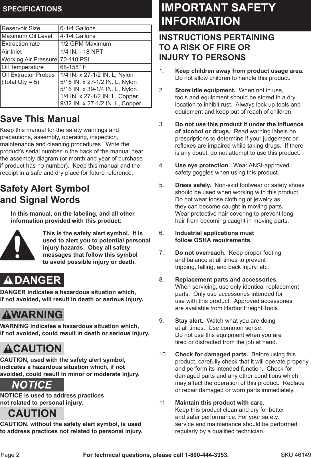 Page 2 of 8 - Harbor-Freight Harbor-Freight-6-25-Gal-Oil-Extractor-Product-Manual-  Harbor-freight-6-25-gal-oil-extractor-product-manual