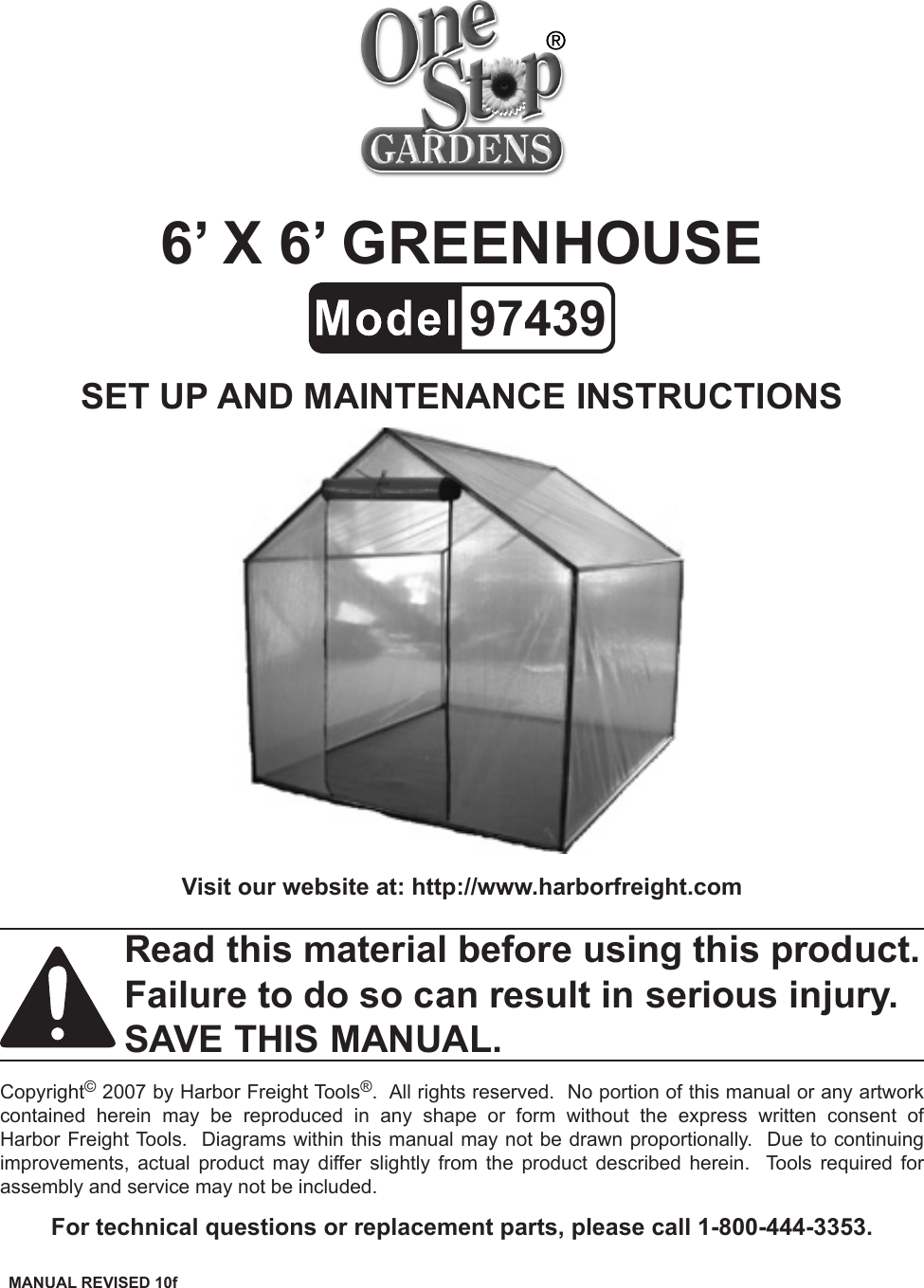 Page 1 of 8 - Harbor-Freight Harbor-Freight-6-Ft-X-6-Ft-Greenhouse-Product-Manual-  Harbor-freight-6-ft-x-6-ft-greenhouse-product-manual