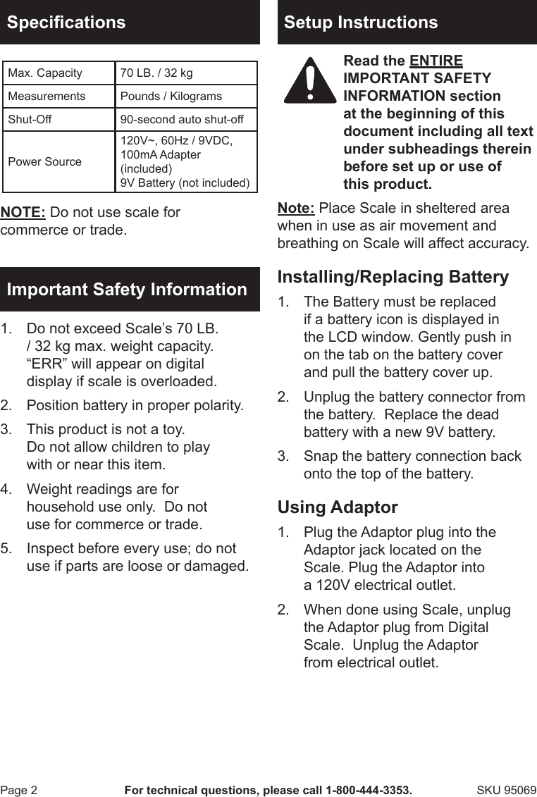 Page 2 of 4 - Harbor-Freight Harbor-Freight-70-Lb-32-Kg-Digital-Postal-Scale-Product-Manual-  Harbor-freight-70-lb-32-kg-digital-postal-scale-product-manual