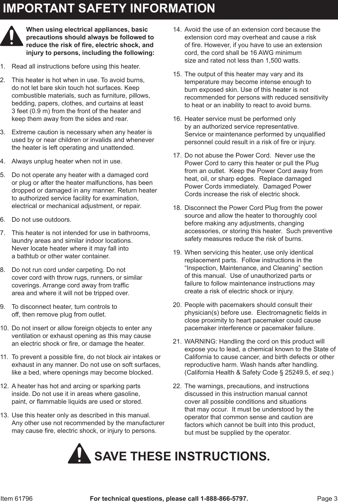 Page 3 of 12 - Harbor-Freight Harbor-Freight-750-1500-Watt-Wood-Stove-Style-Electric-Heater-Product-Manual-  Harbor-freight-750-1500-watt-wood-stove-style-electric-heater-product-manual