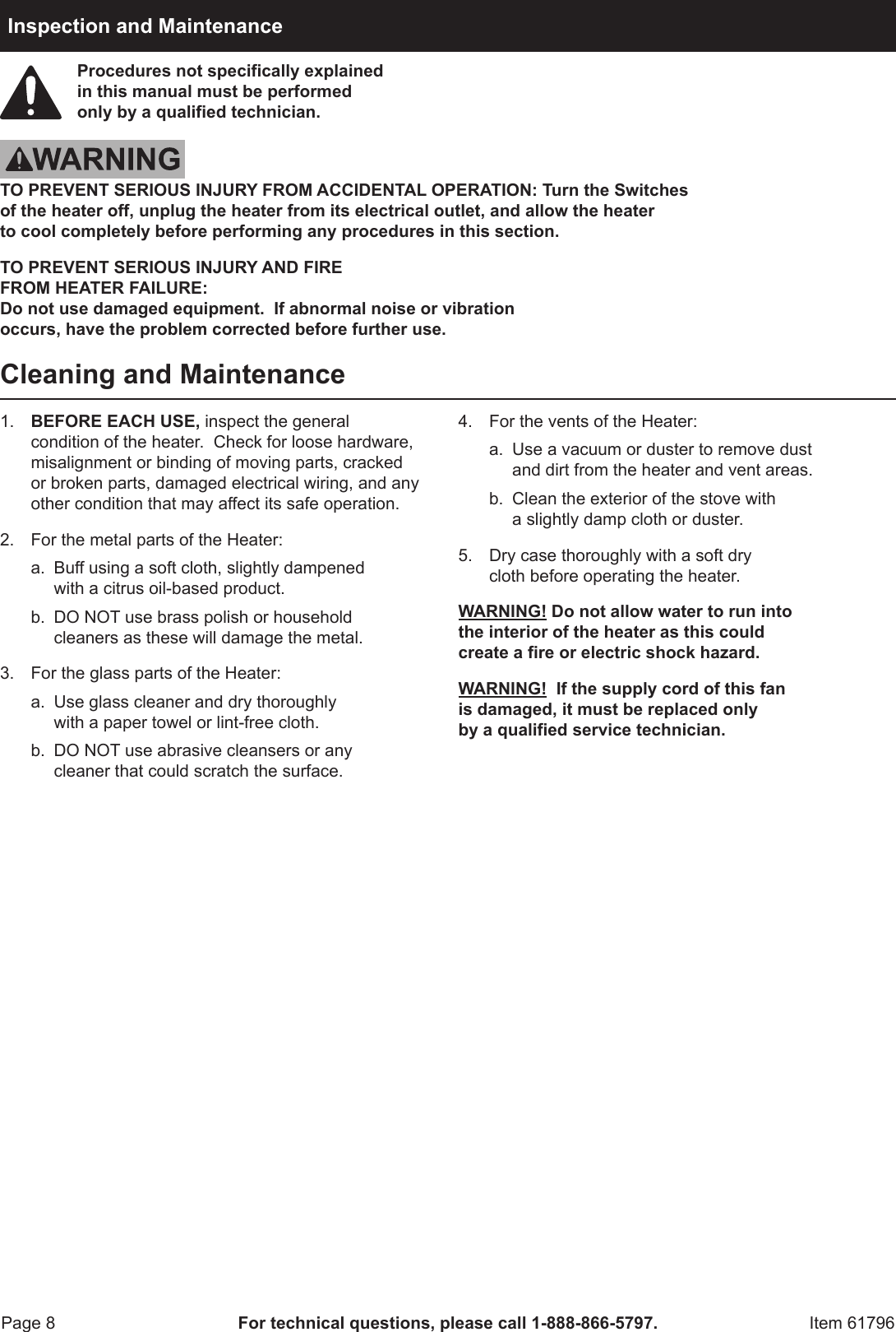 Page 8 of 12 - Harbor-Freight Harbor-Freight-750-1500-Watt-Wood-Stove-Style-Electric-Heater-Product-Manual-  Harbor-freight-750-1500-watt-wood-stove-style-electric-heater-product-manual