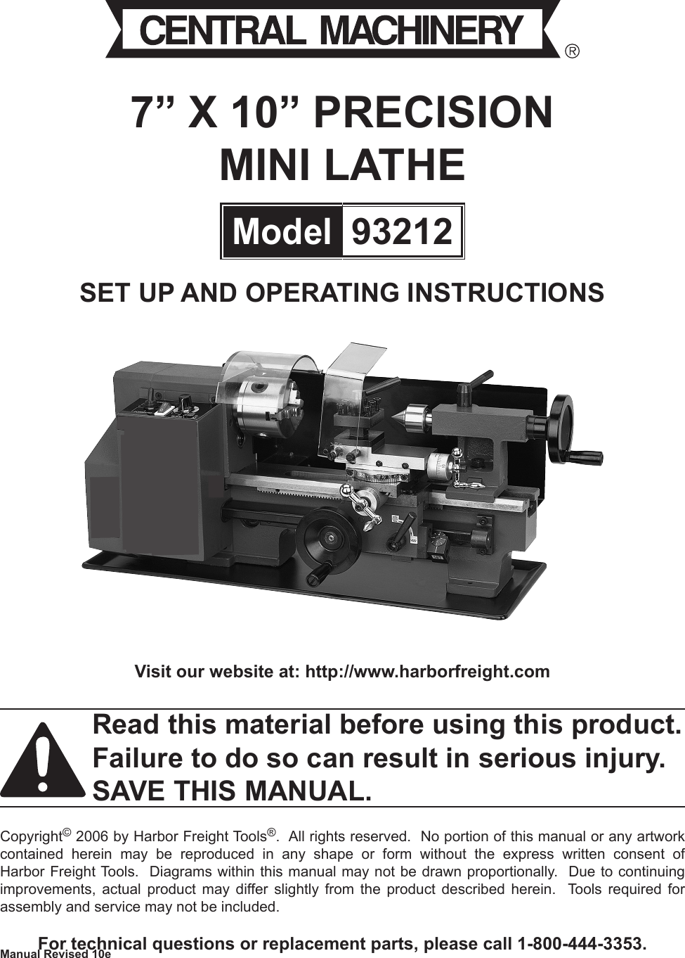 Harbor Freight 7 In X 10 Precision Benchtop Mini Lathe Product Manual
