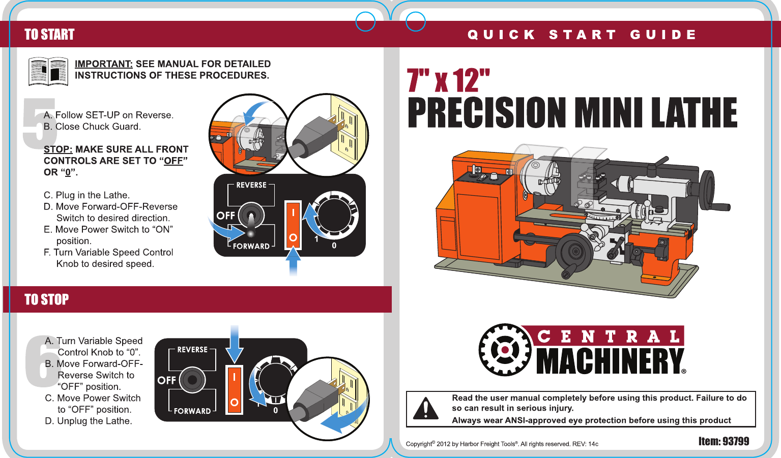 Harbor Freight 7In X 12In Precision Benchtop Mini Lathe Quick Start Manual