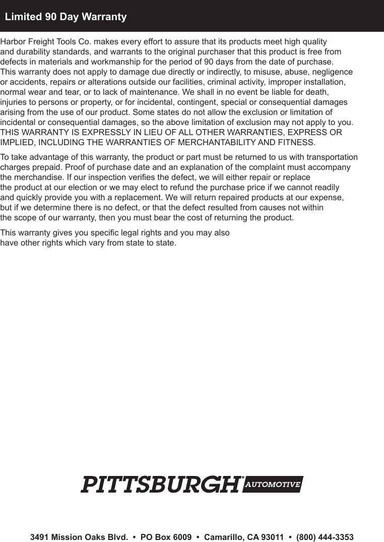 Page 12 of 12 - Harbor-Freight Harbor-Freight-7-Pc-Hydraulic-Auto-Body-Frame-Repair-Kit-Product-Manual-  Harbor-freight-7-pc-hydraulic-auto-body-frame-repair-kit-product-manual