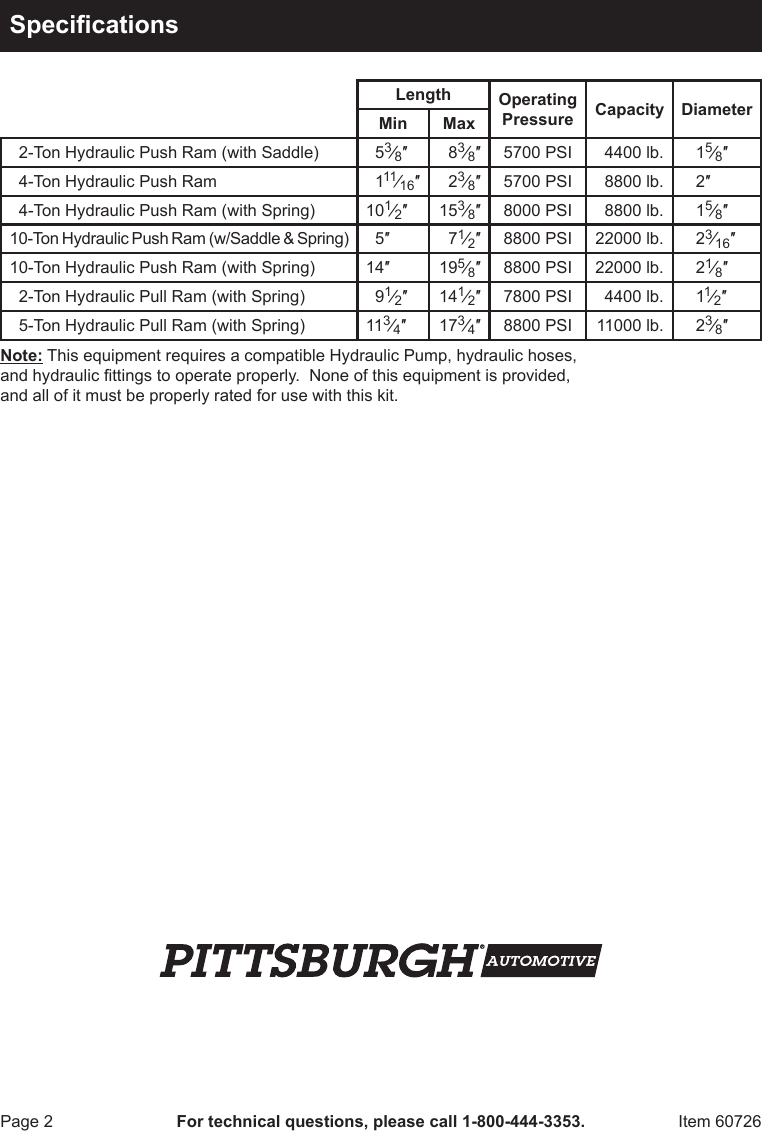 Harbor Freight 7 Pc Hydraulic Auto Body Frame Repair Kit Product Manual