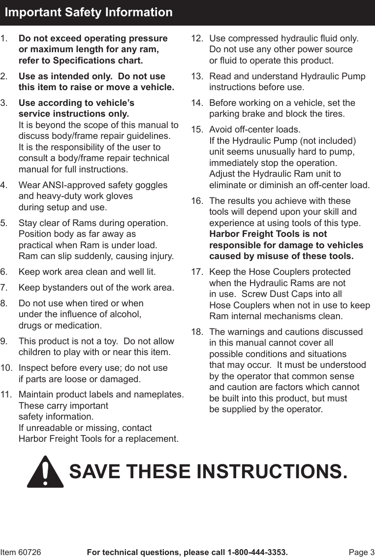 Page 3 of 12 - Harbor-Freight Harbor-Freight-7-Pc-Hydraulic-Auto-Body-Frame-Repair-Kit-Product-Manual-  Harbor-freight-7-pc-hydraulic-auto-body-frame-repair-kit-product-manual