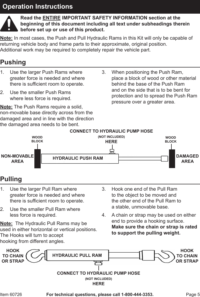 Harbor Freight 7 Pc Hydraulic Auto Body Frame Repair Kit Product Manual