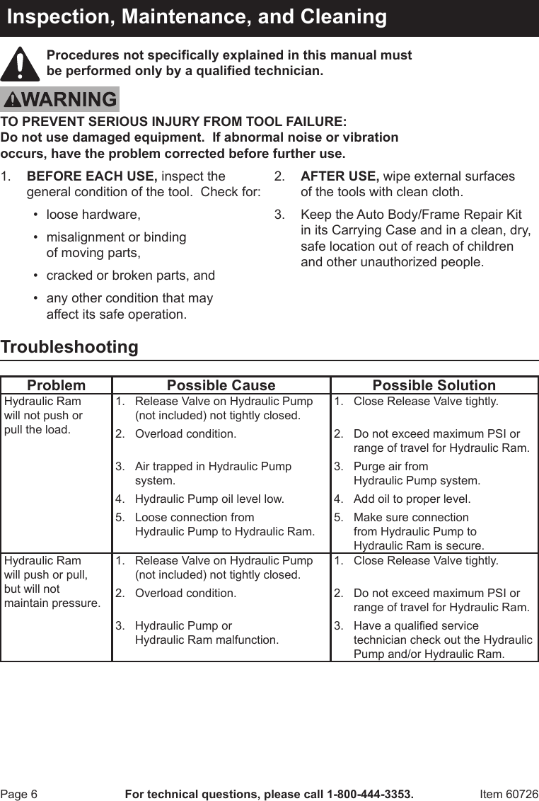 Page 6 of 12 - Harbor-Freight Harbor-Freight-7-Pc-Hydraulic-Auto-Body-Frame-Repair-Kit-Product-Manual-  Harbor-freight-7-pc-hydraulic-auto-body-frame-repair-kit-product-manual