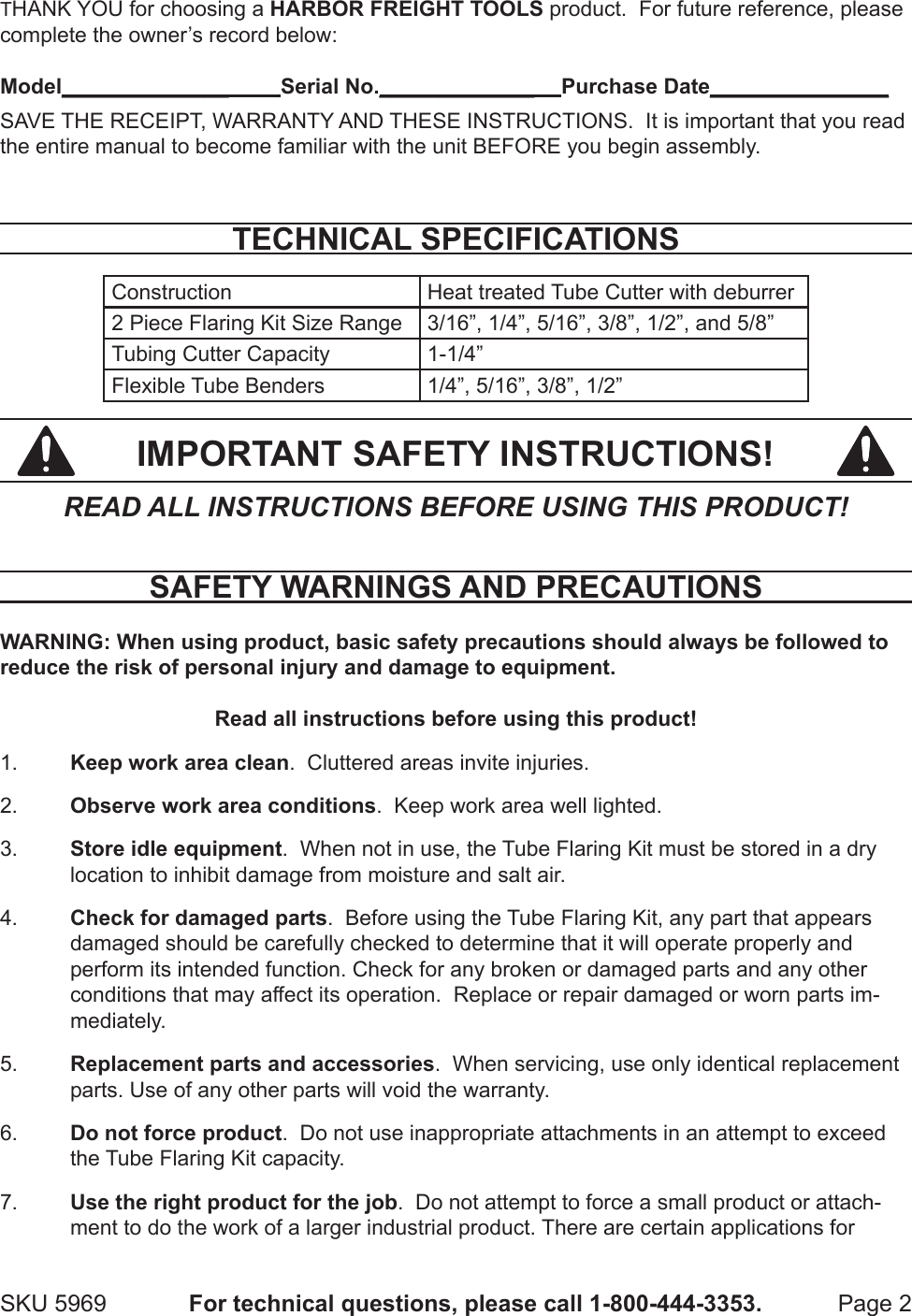 Page 2 of 7 - Harbor-Freight Harbor-Freight-7-Piece-Tube-Flaring-Kit-Product-Manual- Harbor-freight-7-piece-tube-flaring-kit-product-manual