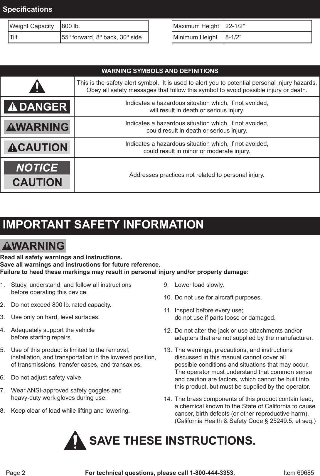 Page 2 of 8 - Harbor-Freight Harbor-Freight-800-Lb-Low-Lift-Transmission-Jack-Product-Manual-  Harbor-freight-800-lb-low-lift-transmission-jack-product-manual