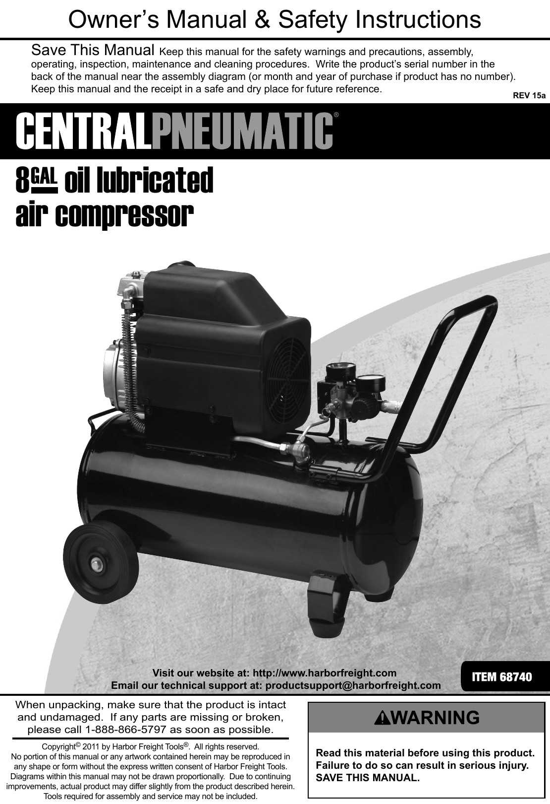 Harbor Freight 8 Gal 2 Hp 125 Psi Oil Lube Air Compressor Product Manual
