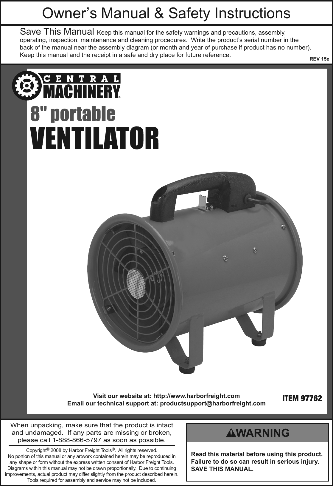 Page 1 of 8 - Harbor-Freight Harbor-Freight-8In-Portable-Ventilator-Product-Manual-  Harbor-freight-8in-portable-ventilator-product-manual