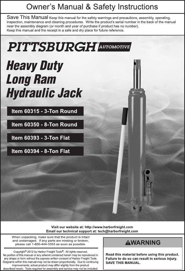 Page 1 of 12 - Harbor-Freight Harbor-Freight-8-Ton-Heavy-Duty-Long-Ram-Hydraulic-Flat-Bottom-Jack-Product-Manual-  Harbor-freight-8-ton-heavy-duty-long-ram-hydraulic-flat-bottom-jack-product-manual