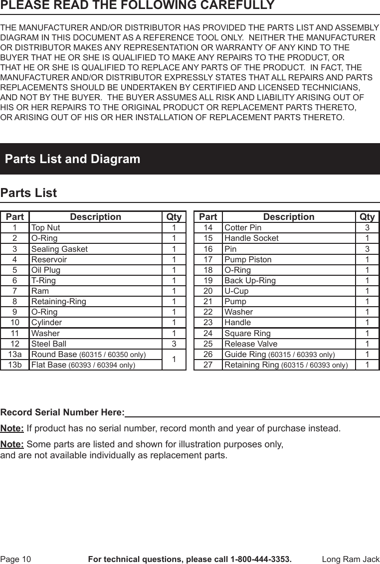 Page 10 of 12 - Harbor-Freight Harbor-Freight-8-Ton-Heavy-Duty-Long-Ram-Hydraulic-Flat-Bottom-Jack-Product-Manual-  Harbor-freight-8-ton-heavy-duty-long-ram-hydraulic-flat-bottom-jack-product-manual