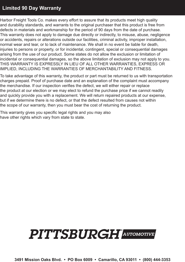 Page 12 of 12 - Harbor-Freight Harbor-Freight-8-Ton-Heavy-Duty-Long-Ram-Hydraulic-Flat-Bottom-Jack-Product-Manual-  Harbor-freight-8-ton-heavy-duty-long-ram-hydraulic-flat-bottom-jack-product-manual