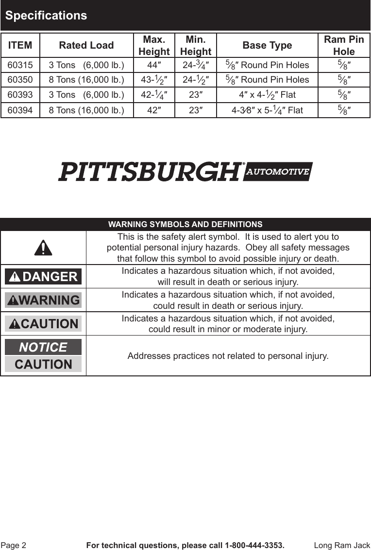 Page 2 of 12 - Harbor-Freight Harbor-Freight-8-Ton-Heavy-Duty-Long-Ram-Hydraulic-Flat-Bottom-Jack-Product-Manual-  Harbor-freight-8-ton-heavy-duty-long-ram-hydraulic-flat-bottom-jack-product-manual