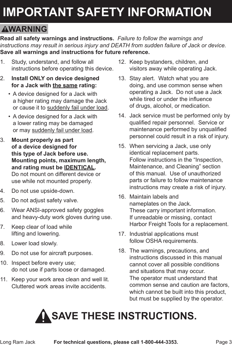 Page 3 of 12 - Harbor-Freight Harbor-Freight-8-Ton-Heavy-Duty-Long-Ram-Hydraulic-Flat-Bottom-Jack-Product-Manual-  Harbor-freight-8-ton-heavy-duty-long-ram-hydraulic-flat-bottom-jack-product-manual