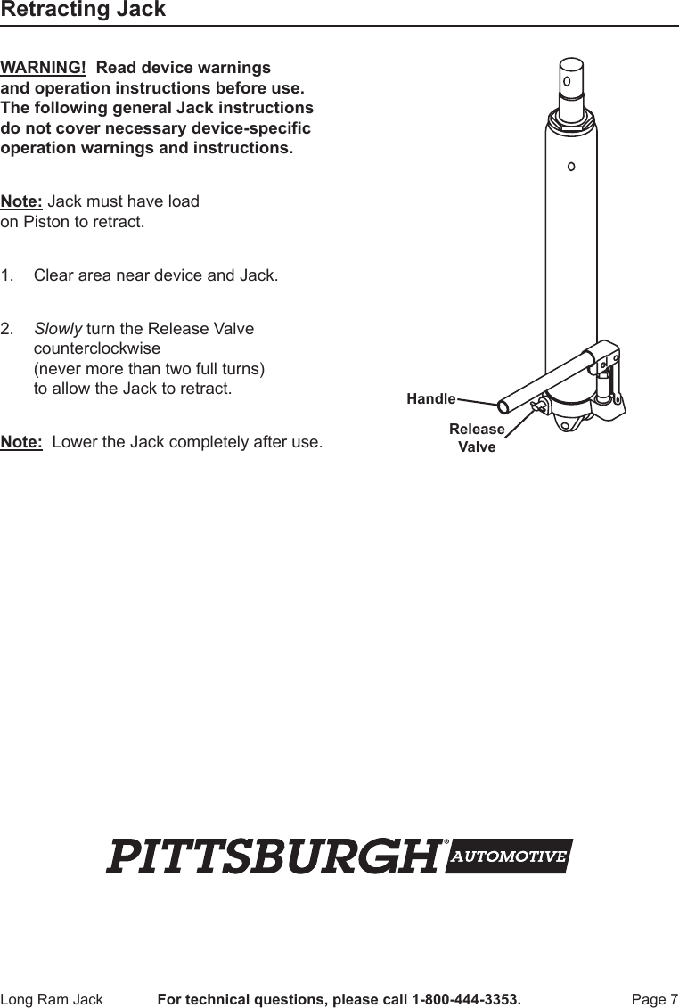 Page 7 of 12 - Harbor-Freight Harbor-Freight-8-Ton-Heavy-Duty-Long-Ram-Hydraulic-Flat-Bottom-Jack-Product-Manual-  Harbor-freight-8-ton-heavy-duty-long-ram-hydraulic-flat-bottom-jack-product-manual