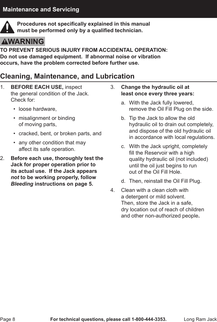 Page 8 of 12 - Harbor-Freight Harbor-Freight-8-Ton-Heavy-Duty-Long-Ram-Hydraulic-Flat-Bottom-Jack-Product-Manual-  Harbor-freight-8-ton-heavy-duty-long-ram-hydraulic-flat-bottom-jack-product-manual