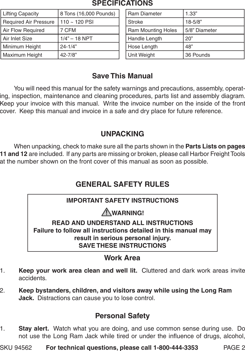 Page 2 of 12 - Harbor-Freight Harbor-Freight-8-Ton-Long-Ram-Air-Hydraulic-Jack-Product-Manual-  Harbor-freight-8-ton-long-ram-air-hydraulic-jack-product-manual