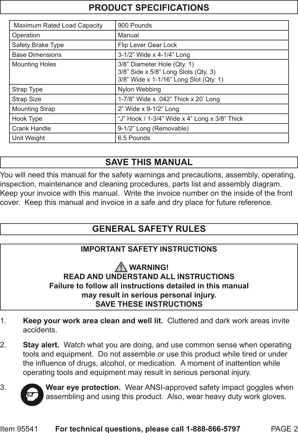 Page 2 of 8 - Harbor-Freight Harbor-Freight-900-Lb-Capacity-Hand-Winch-Product-Manual-  Harbor-freight-900-lb-capacity-hand-winch-product-manual