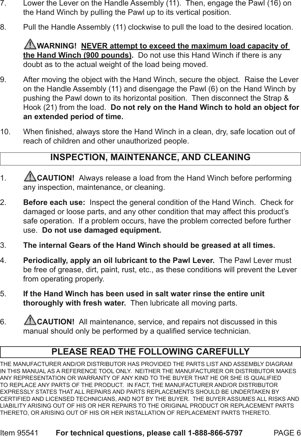 Page 6 of 8 - Harbor-Freight Harbor-Freight-900-Lb-Capacity-Hand-Winch-Product-Manual-  Harbor-freight-900-lb-capacity-hand-winch-product-manual