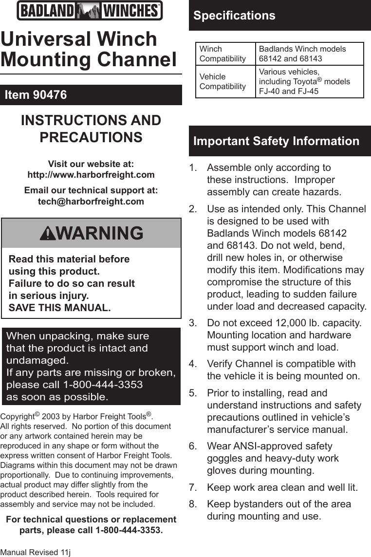Page 1 of 2 - Harbor-Freight Harbor-Freight-90476-Owner-S-Manual