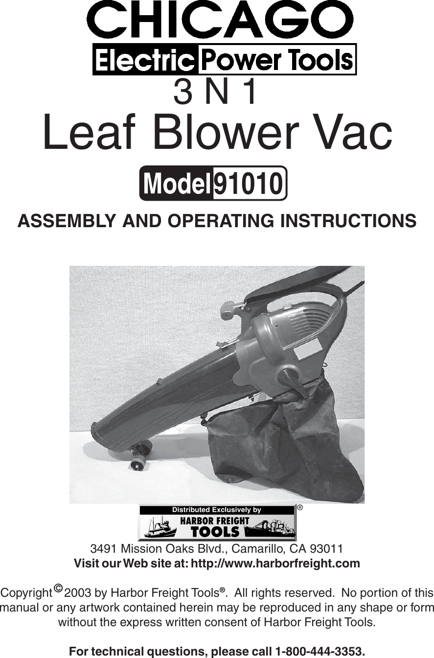 Harbor Freight 91010 Users Manual Leaf Blower