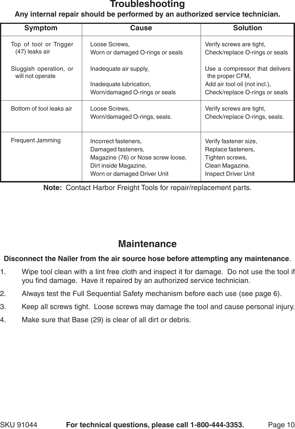 Page 10 of 12 - Harbor-Freight Harbor-Freight-91044-Users-Manual- 91044 Air Framing Nailer Manual  Harbor-freight-91044-users-manual
