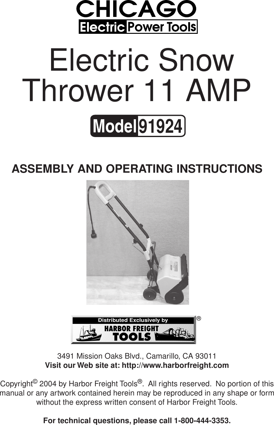 Harbor Freight 91924 Users Manual Snow Blower