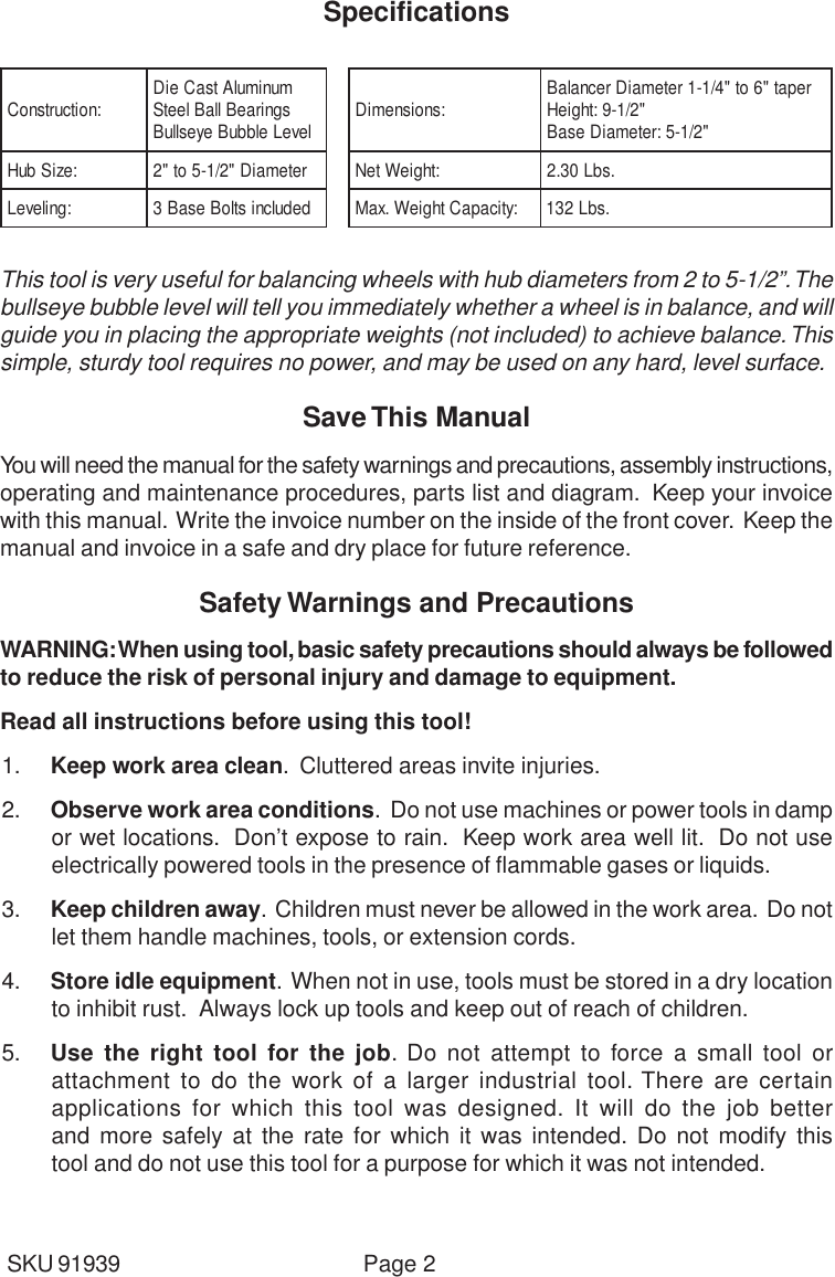 Page 2 of 7 - Harbor-Freight Harbor-Freight-91939-Users-Manual- 91939 Wheel Balancer  Harbor-freight-91939-users-manual